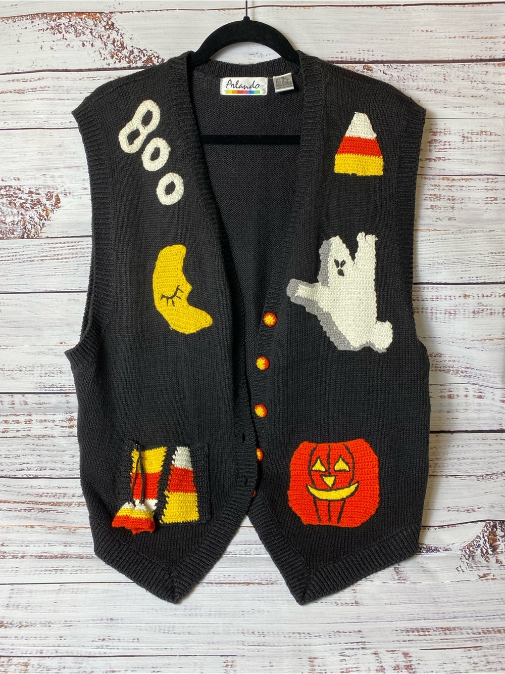 Vintage 90’s Black Halloween Knit Vest with Ghost & Pumpkin Appliqués Sz-XL
